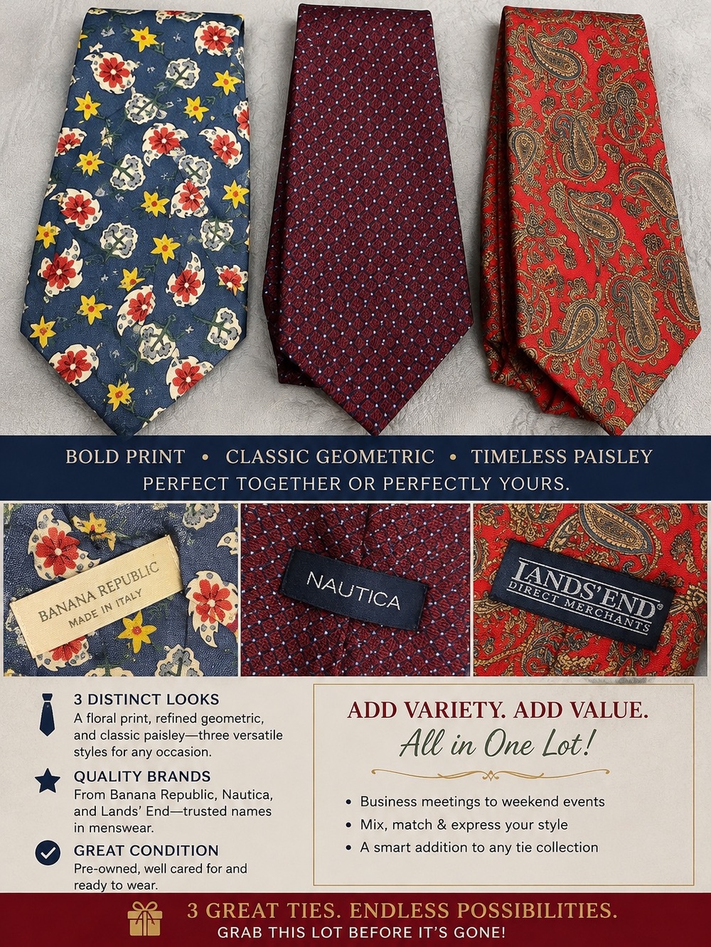 3 Silk Ties Lot Banana Republic Italy Nautica Lands’ End Floral Paisley